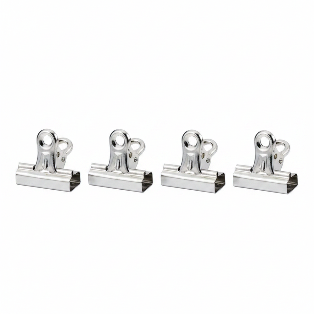 Tiger Binder Letter Clips 30mm Pack of 4 - studio hero shot on pure white background, all 4 chrome silver clips centred