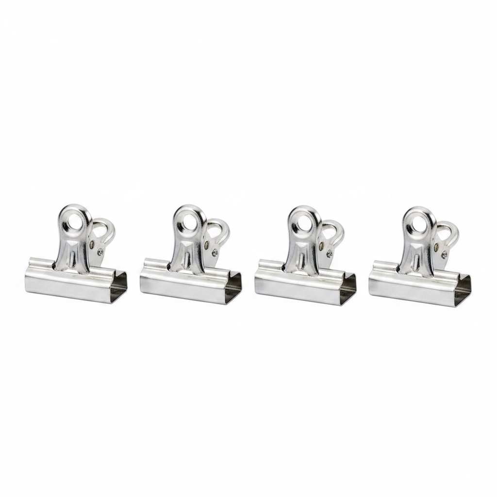 Tiger Binder Letter Clips 30mm Pack of 4 - studio hero shot on pure white background, all 4 chrome silver clips centred
