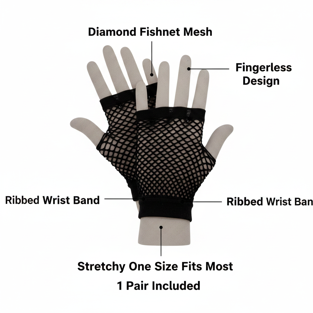 Womens short black fingerless fishnet gloves infographic showing diamond mesh texture, fingerless design, stretchy one size fit, ribbed wrist band and 1 pair included