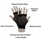 Womens short black fingerless fishnet gloves infographic showing diamond mesh texture, fingerless design, stretchy one size fit, ribbed wrist band and 1 pair included