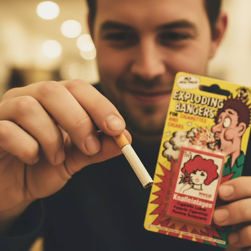 Hand inserting tiny cigarette banger into cigarette, candid mischievous lifestyle moment with bokeh