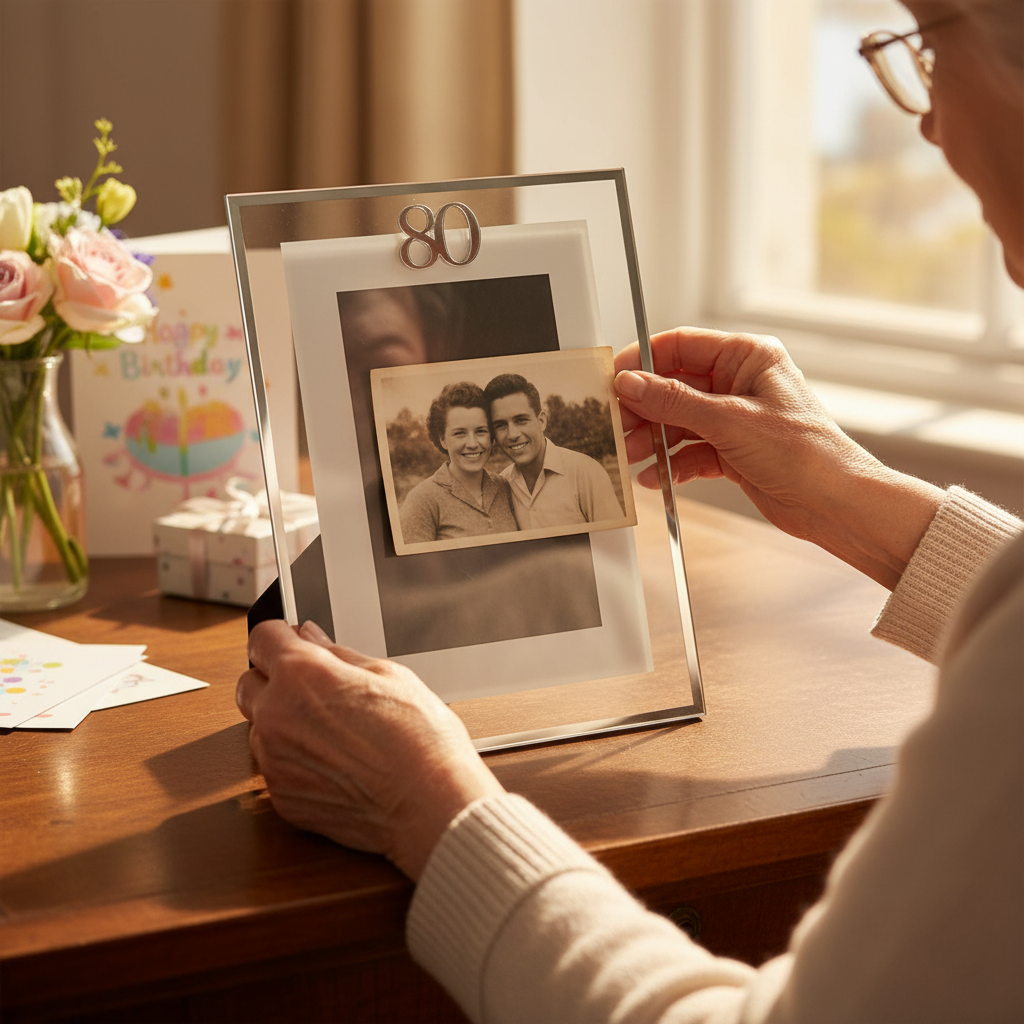 Person placing a photograph into the Milestones Silver Age 80 Photo Frame on a wooden desk
