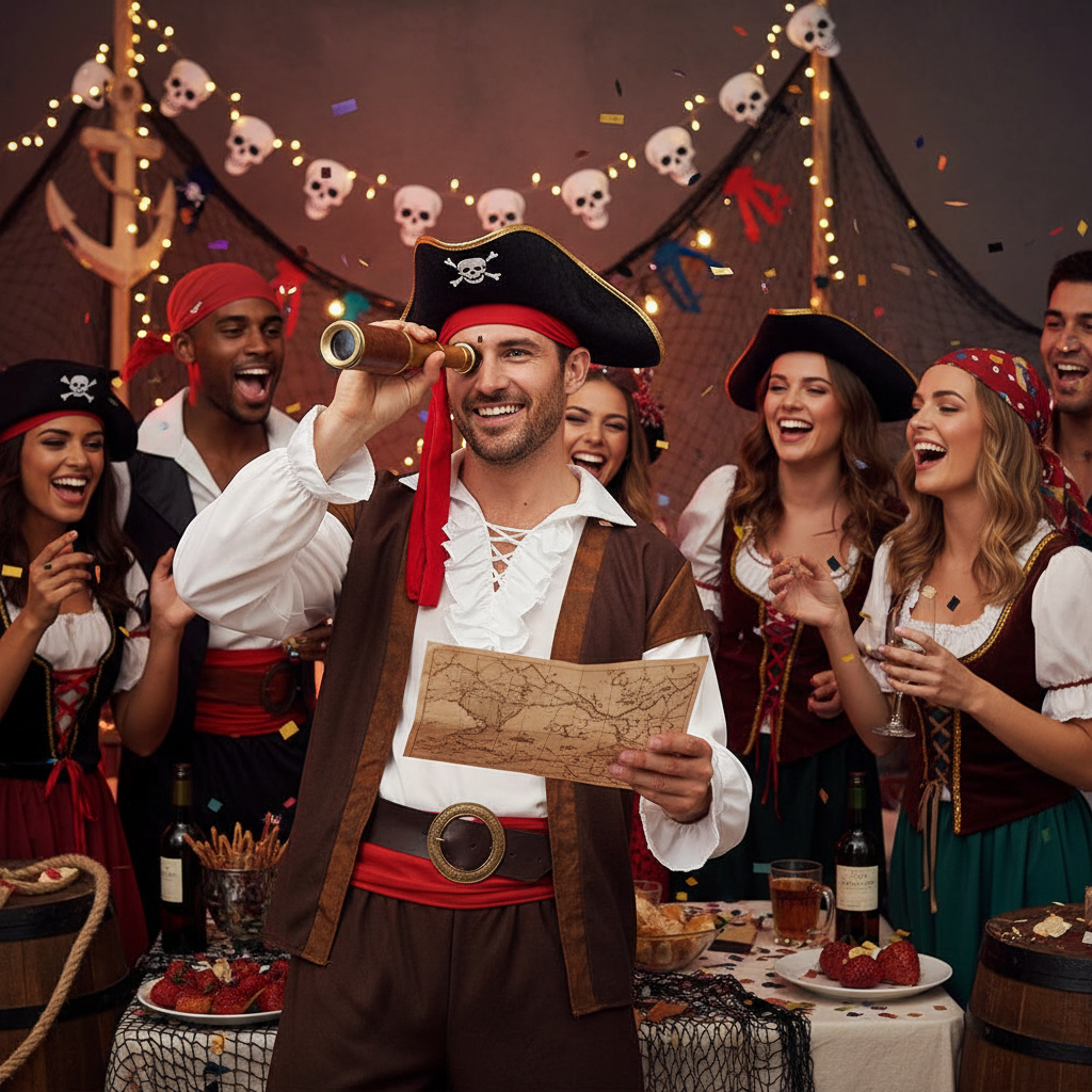 Person enjoying pirate themed party wearing black tricorn hat with red bandana - perfect Halloween costume hat