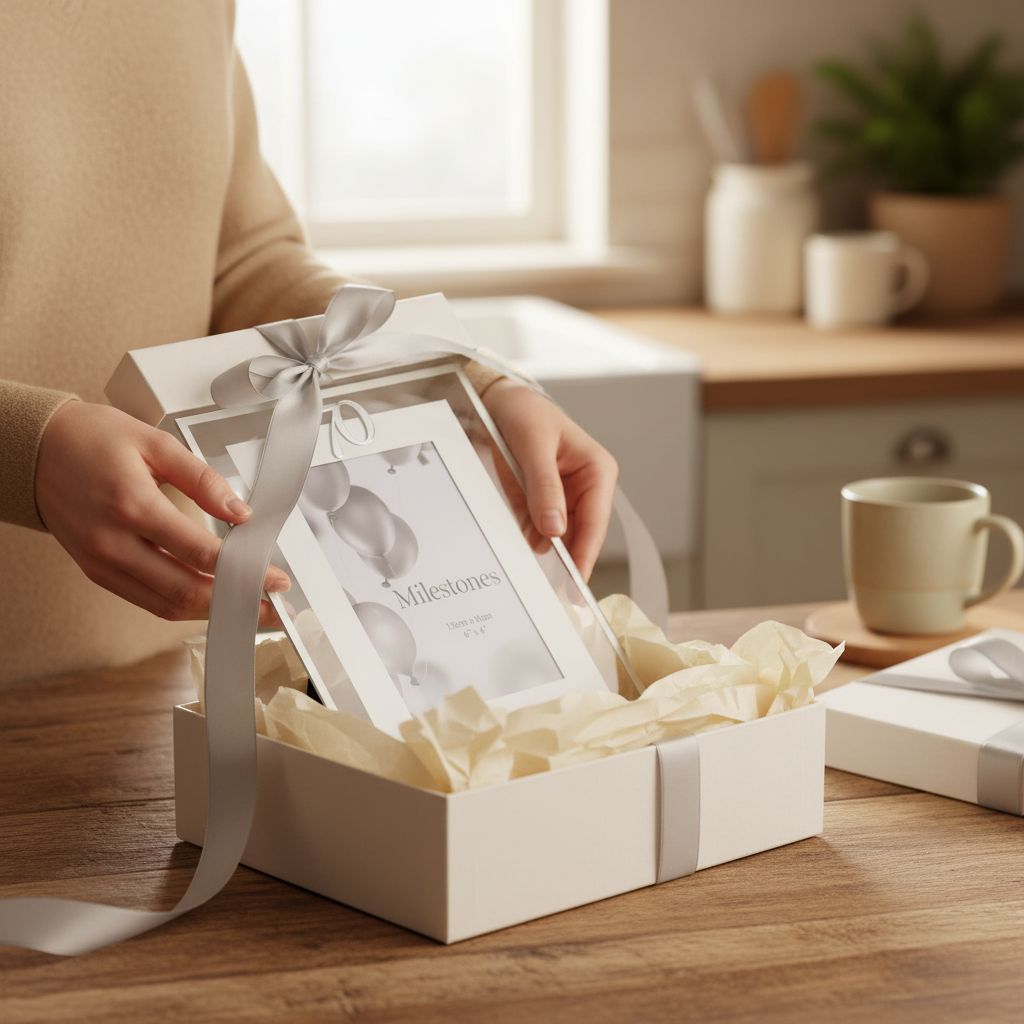 Woman wrapping the Silver Age 70 Milestone Photo Frame as a birthday gift with ribbon and tissue paper