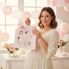 Happy mother at baby shower holding large pink Hedge-Hugs Hetty gift bag filled with baby presents