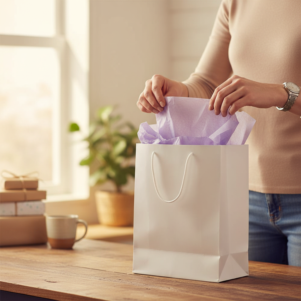 Woman placing lilac tissue paper into a gift bag, candid lifestyle moment