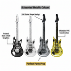 Feature infographic of 4 metallic inflatable rock n roll guitars with labelled callouts highlighting key features