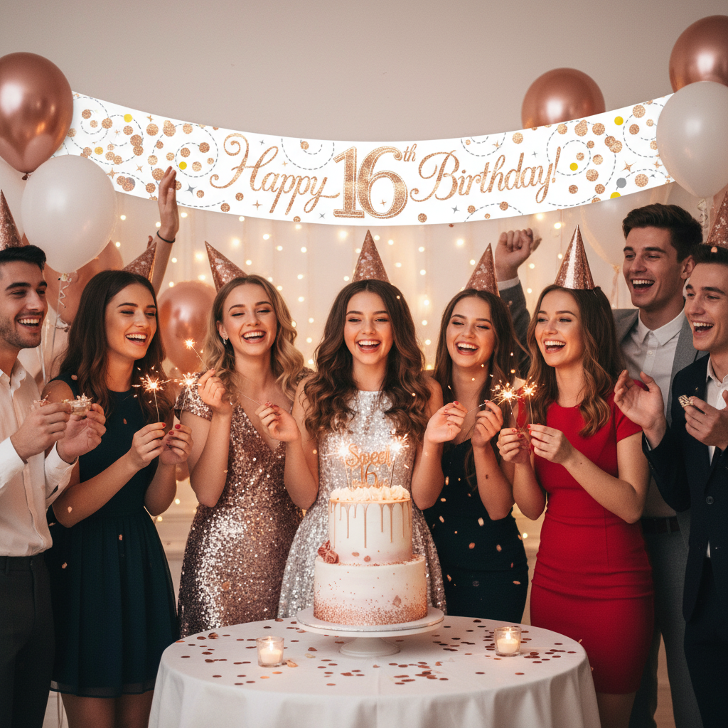 Happy 16-year-old celebrating with friends at birthday party with Sparkling Fizz banner displayed