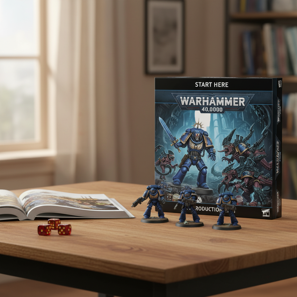 Games Workshop Warhammer 40,000 Introductory Set box on a wooden gaming table beside painted Space Marine miniatures, dice and open rulebook in natural window light
