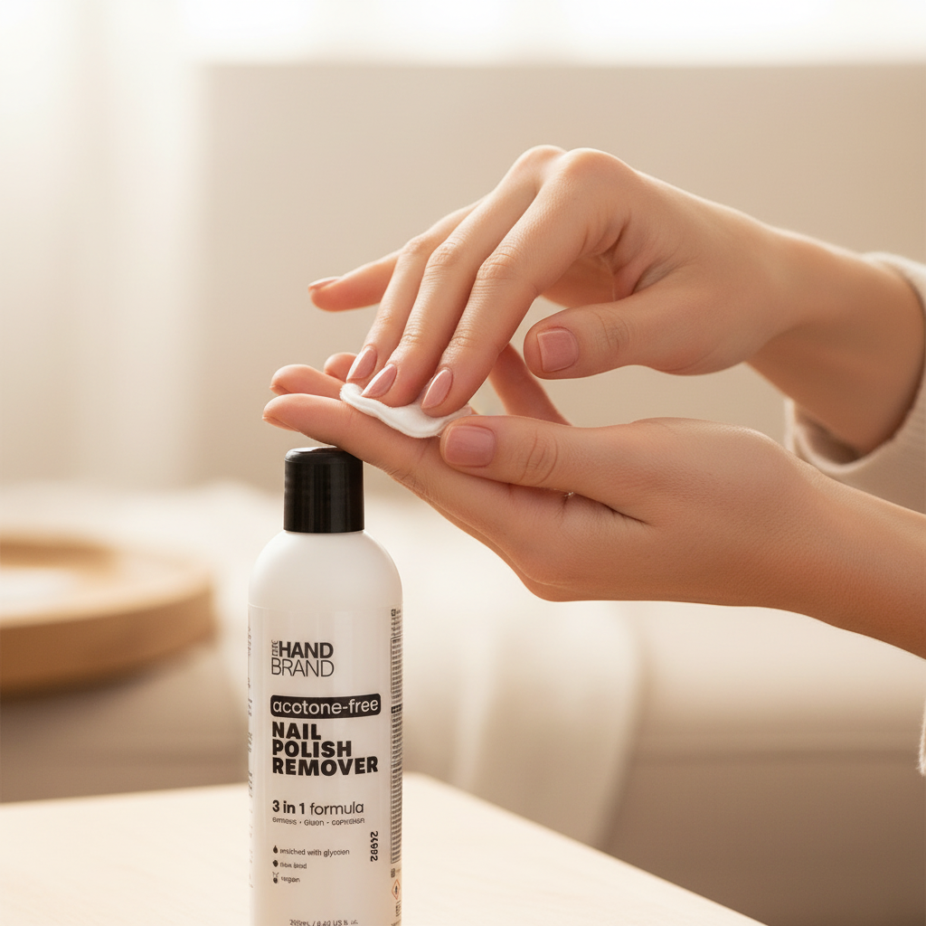 Woman applying nail polish remover with cotton pad using The Hand Brand Acetone-Free Nail Polish Remover 250ml, candid lifestyle shot