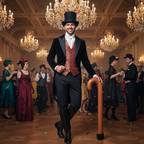 Man dressed as Victorian gentleman in top hat holding inflatable walking stick at fancy dress costume party