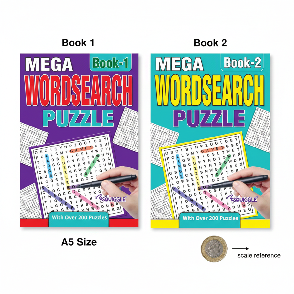 A5 Mega Wordsearch Puzzle Books flat lay beside a £1 coin showing compact A5 size