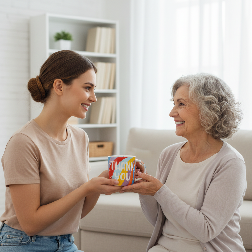 Young woman gifting a Thank You mug to an older woman, both smiling warmly in a bright living room