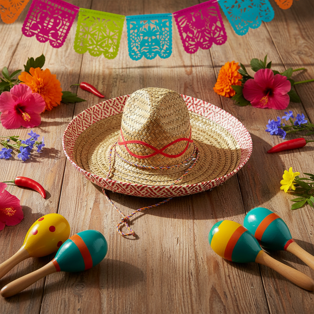 Adults Mexican Sombrero Hat with red trim fiesta flat lay with maracas and flowers - Why Not Shop