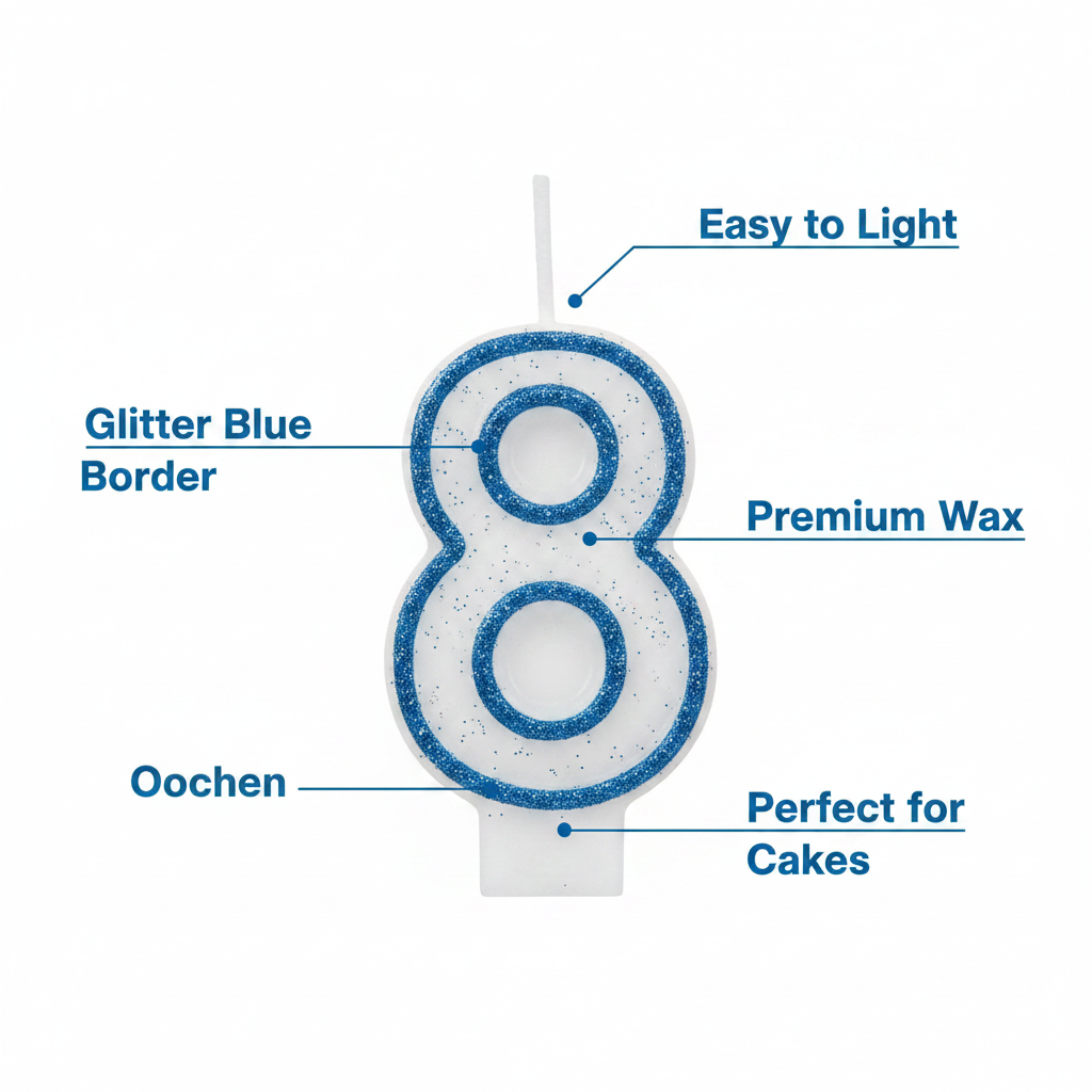 Blue glitter number 8 birthday candle feature infographic showing glitter blue border, premium wax, easy to light, and perfect for cakes callouts