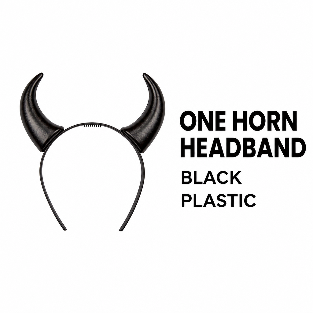 One black devil horns headband beside text identifying its colour and plastic material