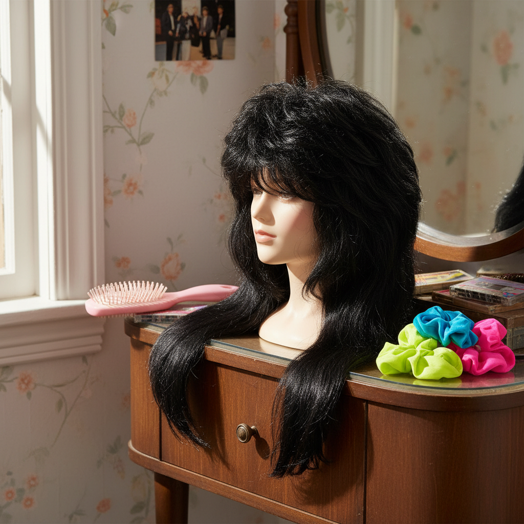 Jet black 1980s mullet wig draped over a vintage dressing table with retro 80s props including cassette tapes and a hairbrush in natural window light
