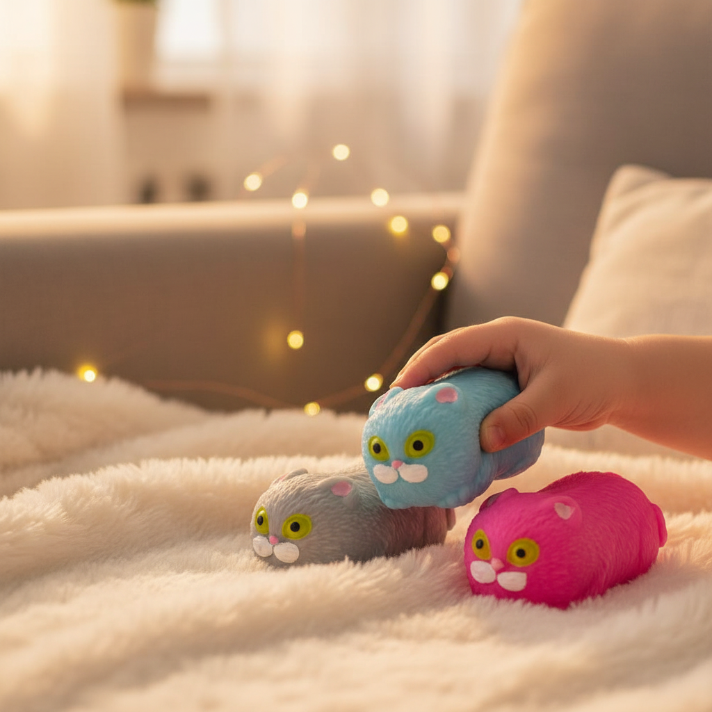 Three Kitty Kins squishy cat toys in blue grey and pink on fluffy white blanket on sofa in golden hour light