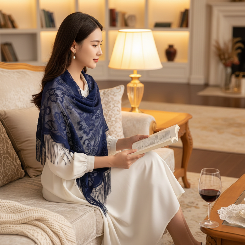 Woman in a cosy premium living room wearing a navy blue lace fringe shawl over her shoulders, reading with warm lamp light