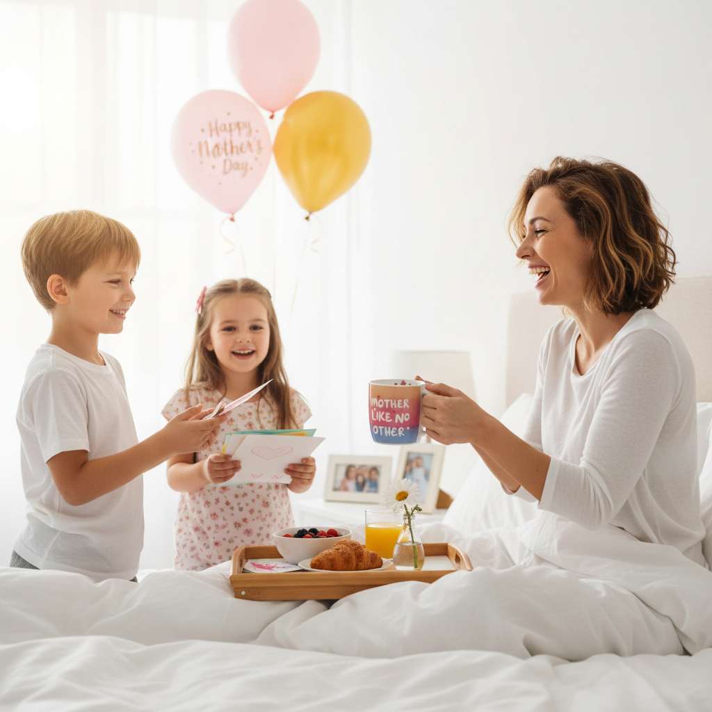 Family surprising mum with the Mother Like No Other gift mug on Mother's Day morning
