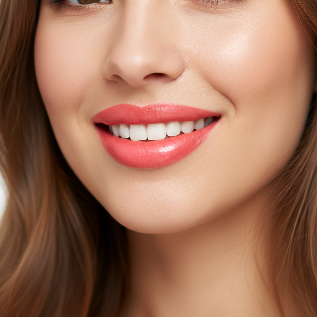 Woman with beautifully applied Laval Coral Cloud 14 vibrant coral lips smiling radiantly