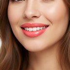Woman with beautifully applied Laval Coral Cloud 14 vibrant coral lips smiling radiantly