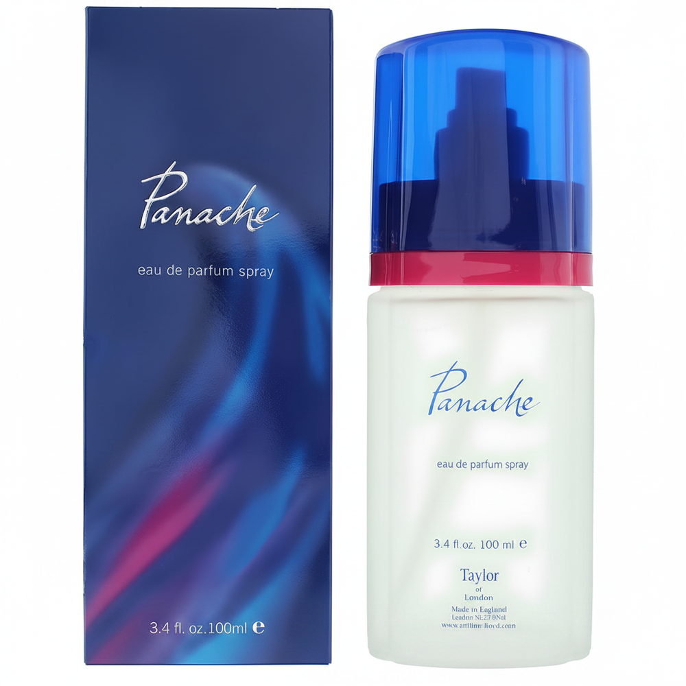 Panache Eau de Parfum 100ml by Taylor of London on pure white background, studio hero shot with navy gift box