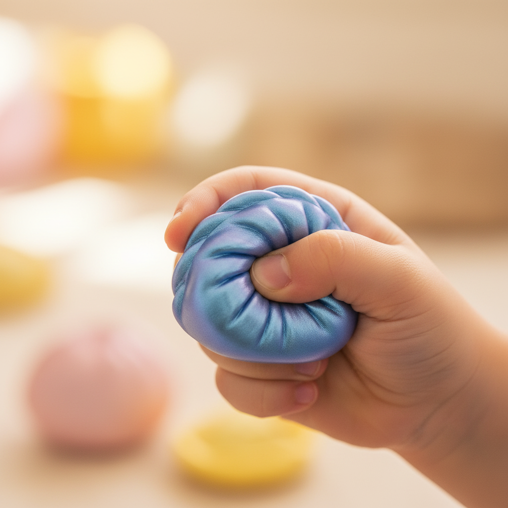 Child's hand squeezing blue periwinkle iridescent 3D Fidget Dumpling 8cm squishy sensory toy with creamy bokeh background
