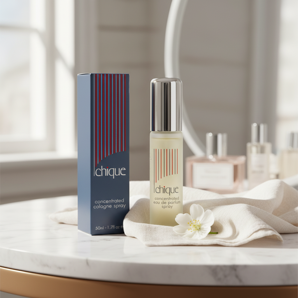 Taylor of London Chique perfume bottle and box styled on marble vanity with natural window light