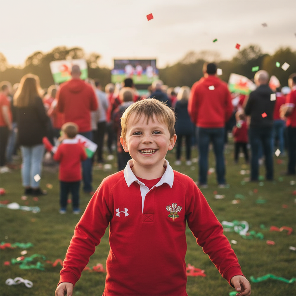 Child wearing Welsh red rugby shirt at celebration