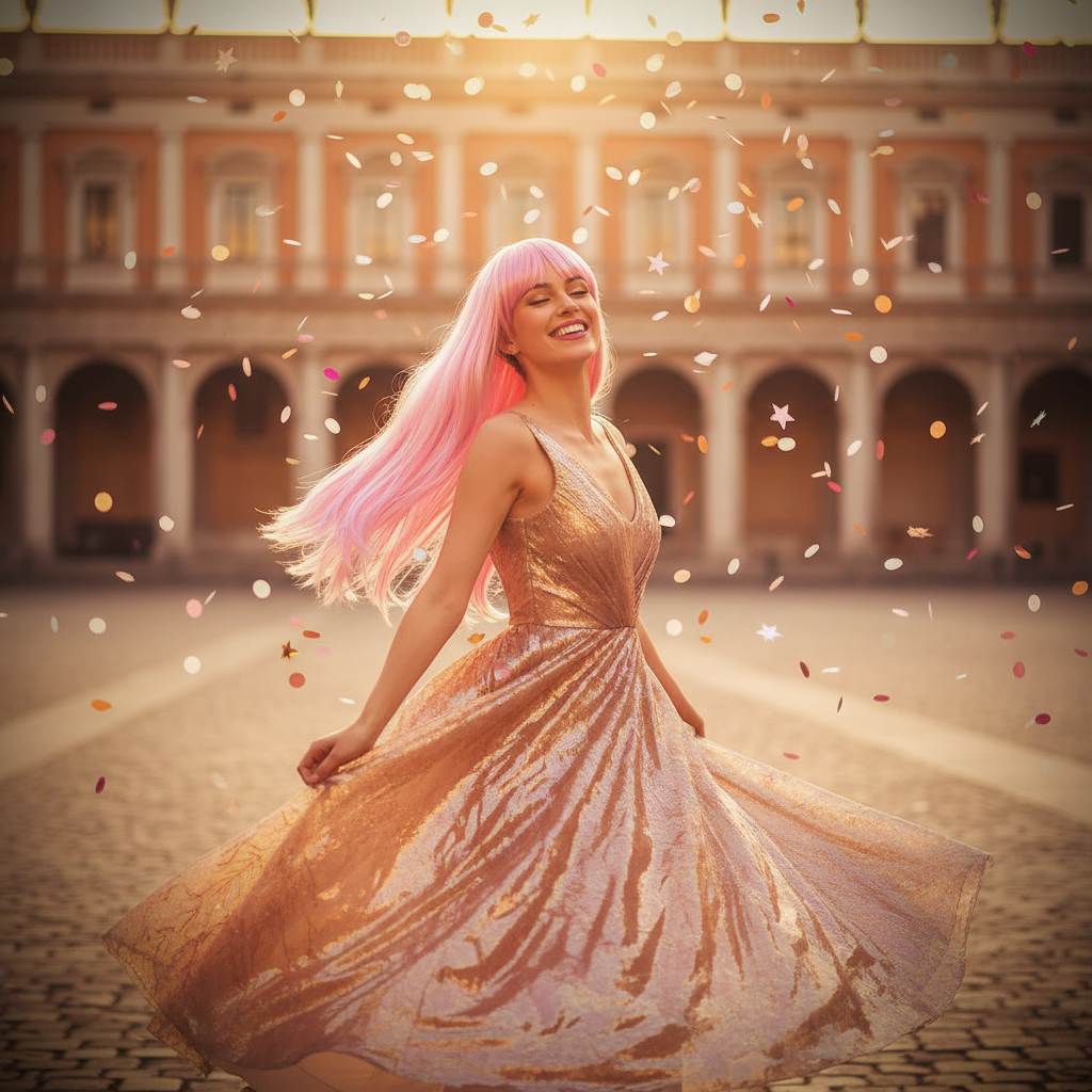 Woman in pink fringe wig twirling joyfully at golden hour with confetti