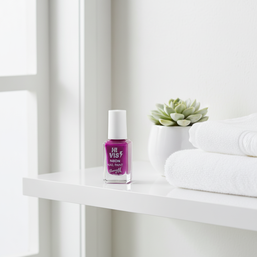 Barry M Hi-Vis Neon Nail Paint Fearless Purple 243 – styled on bathroom shelf with succulent and white towel in natural window light