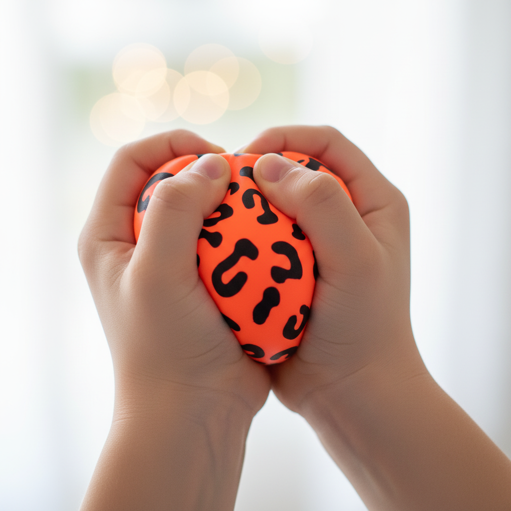 Close-up of child's hands squeezing a neon orange leopard-print Scrunchems Squish Stress Ball showing squishy texture