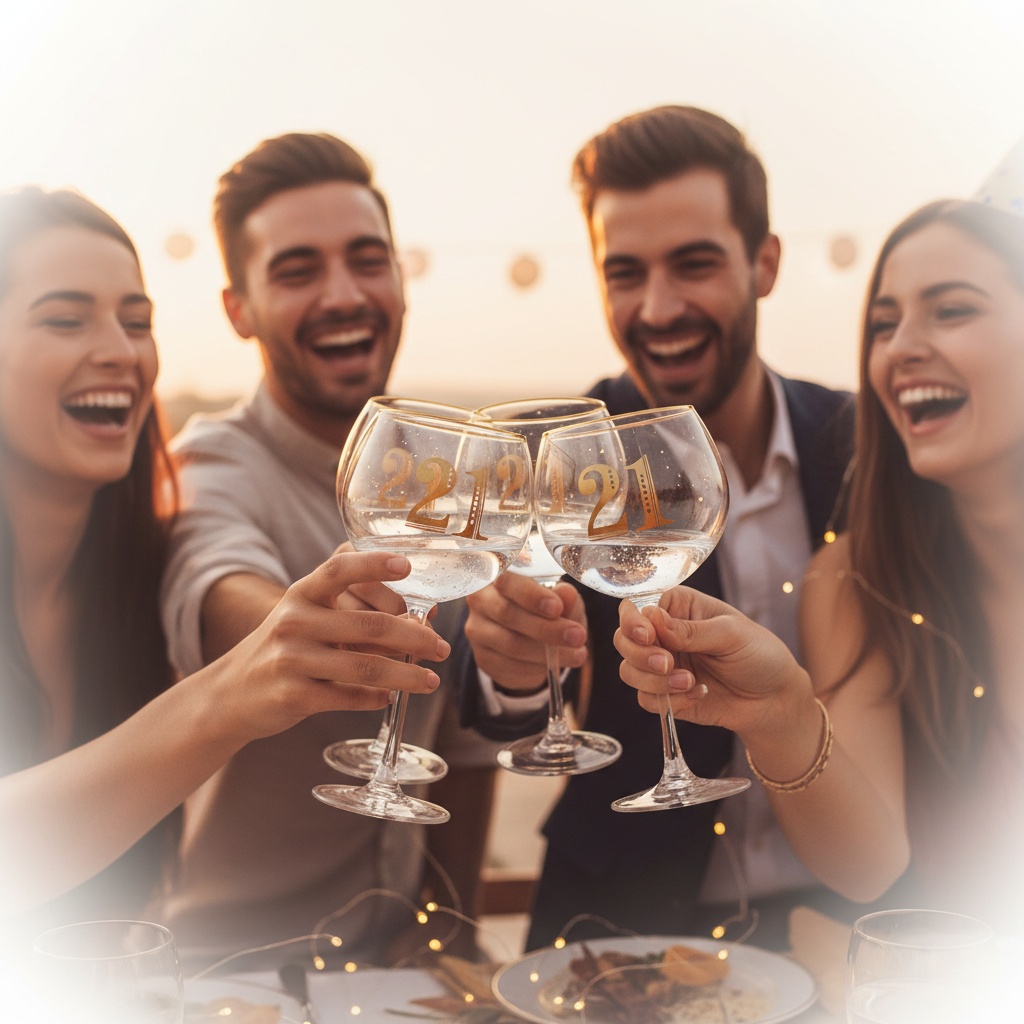 Friends clinking Art Deco 21st Birthday Gin Glasses in a birthday toast, golden hour light with fairy light bokeh