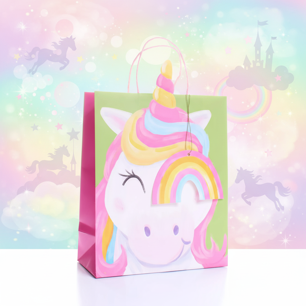 Kids unicorn gift bag medium multi-coloured 9x7.5 inch product shot with magical fantasy background