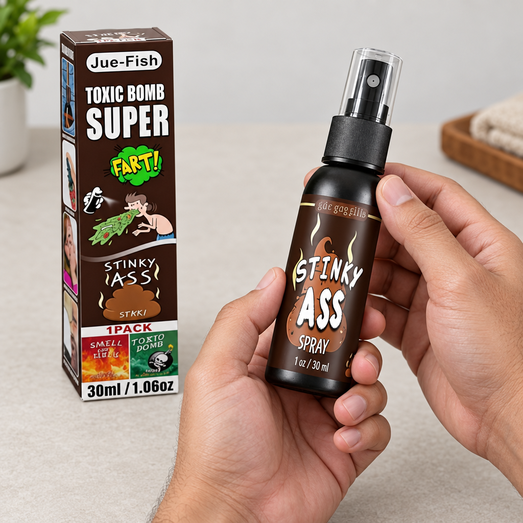 Adult hands holding the capped Toxic Bomb Stinky Ass spray bottle beside its box on a table.