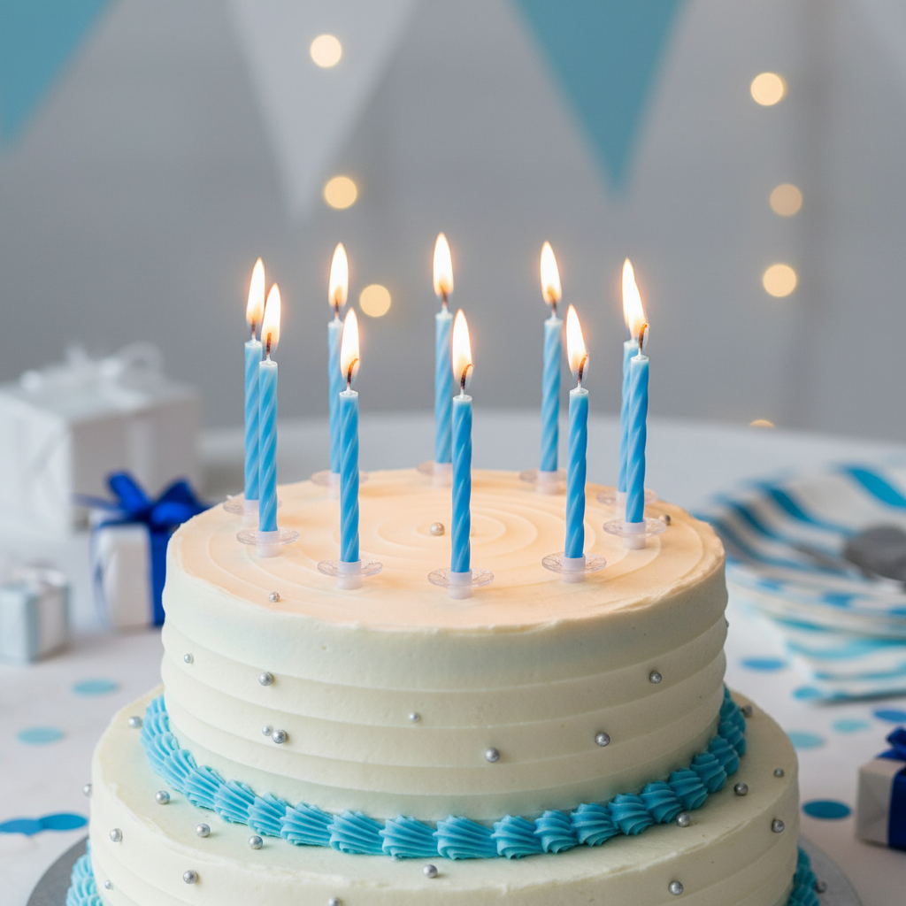 Close-up of lit blue 6cm birthday candles in holders on a beautifully decorated celebration cake