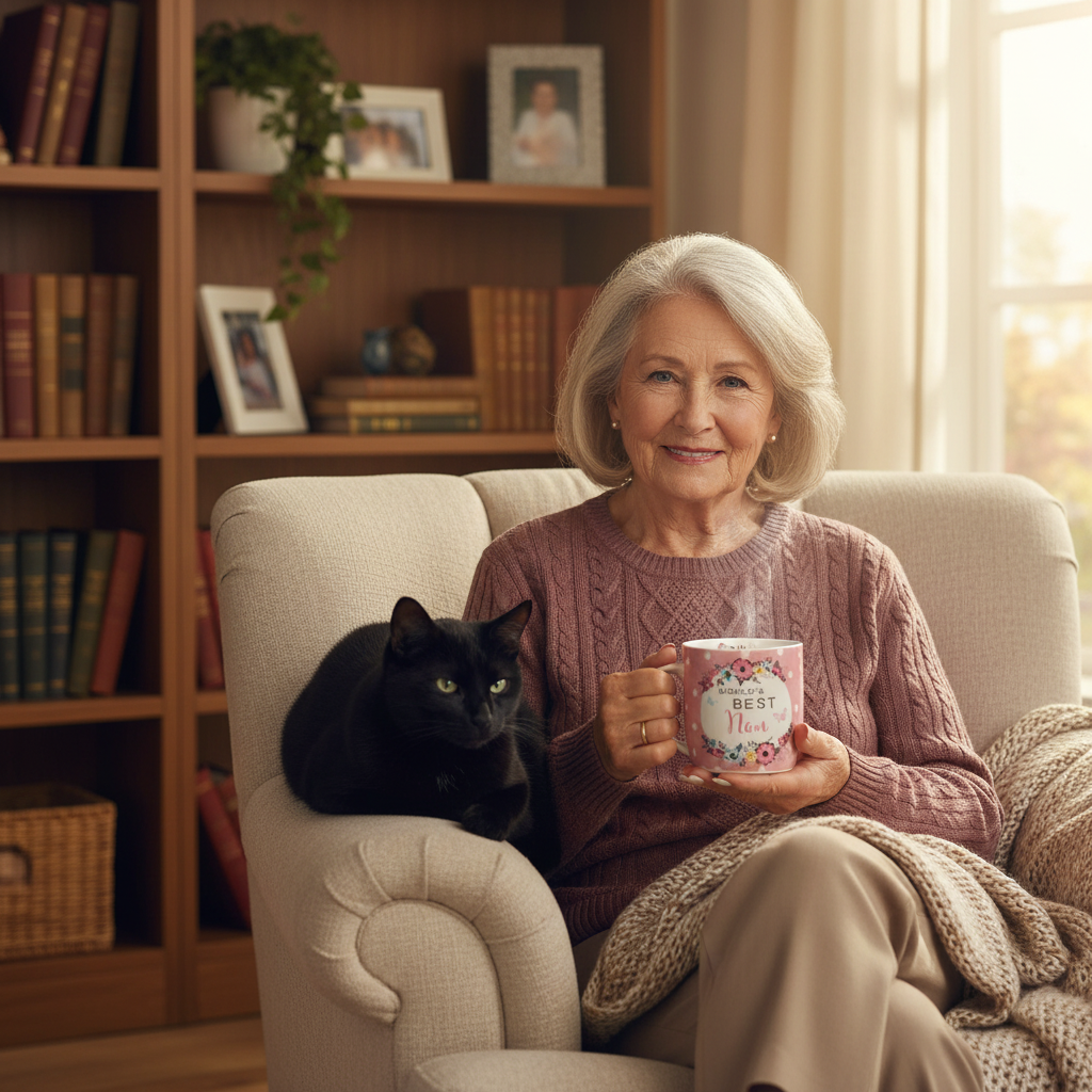 Grandmother relaxing in armchair enjoying tea from World's Best Nan mug