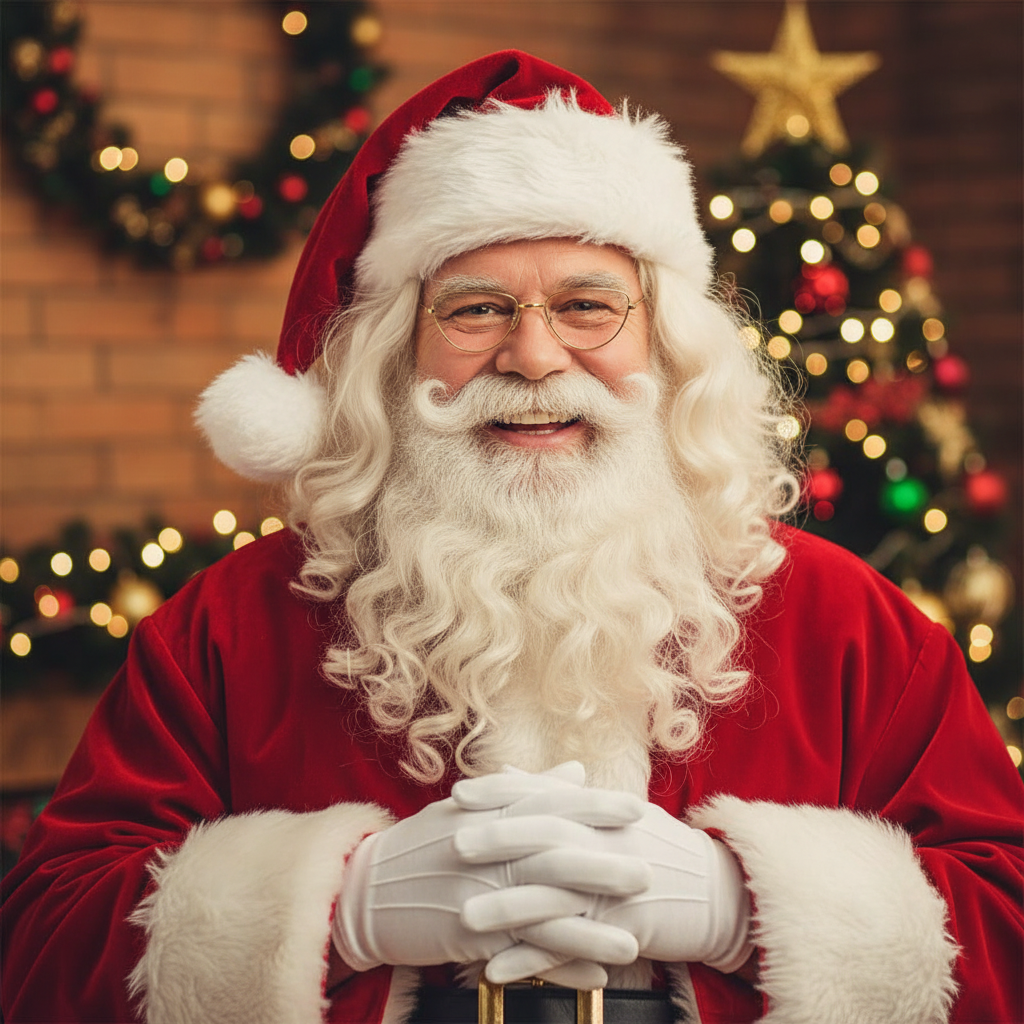 Santa Claus wearing gold half moon fancy dress glasses at Christmas party