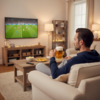 Man relaxing at home watching football and drinking from a Cooling Beer Gift Mug
