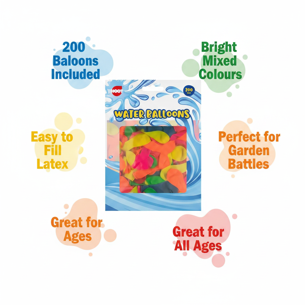 Water Balloons 200 Pack feature infographic showing 200 balloons included, bright mixed colours, easy fill latex, garden battles, all ages
