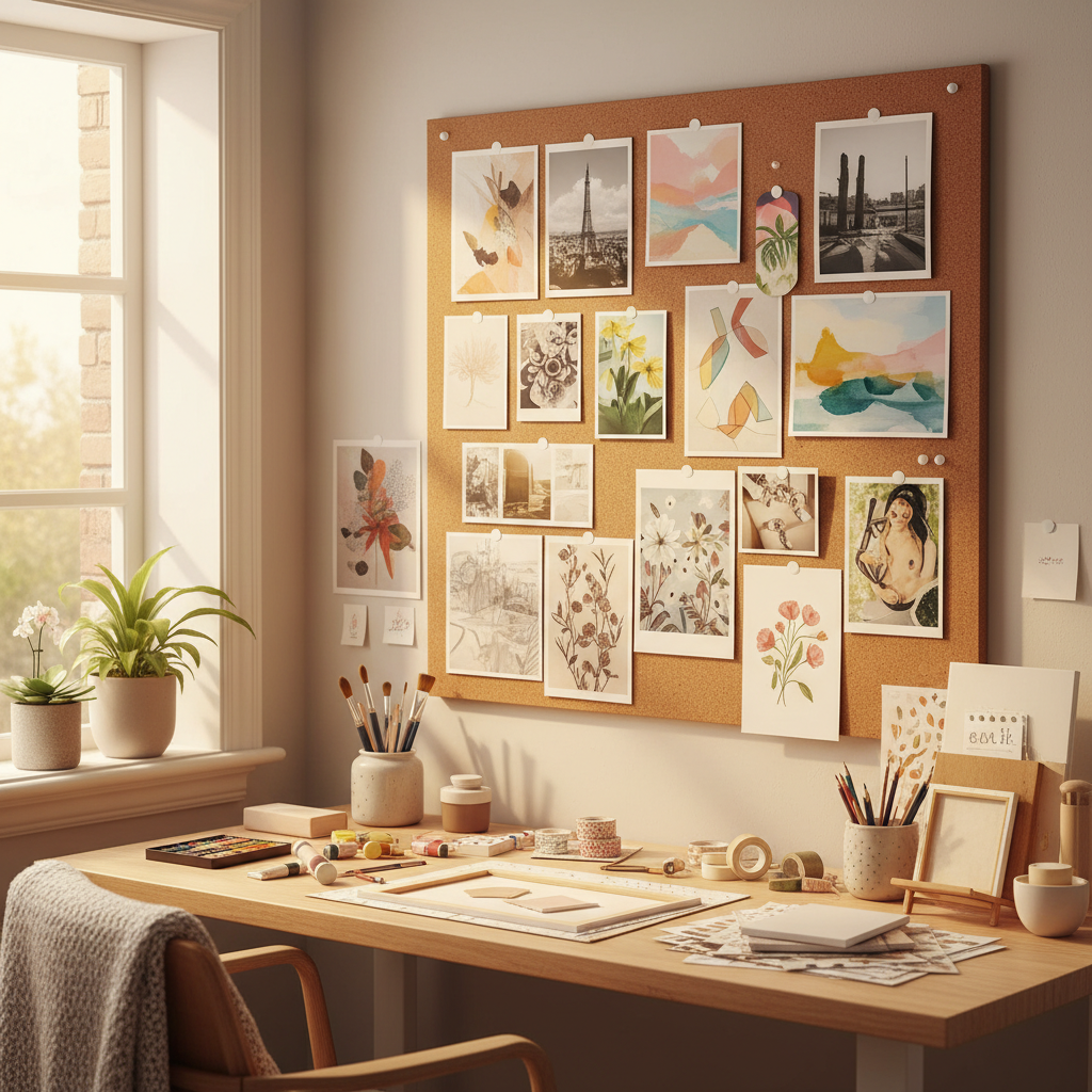 White Tack 50g used to display photos and art prints on cork board in creative workspace