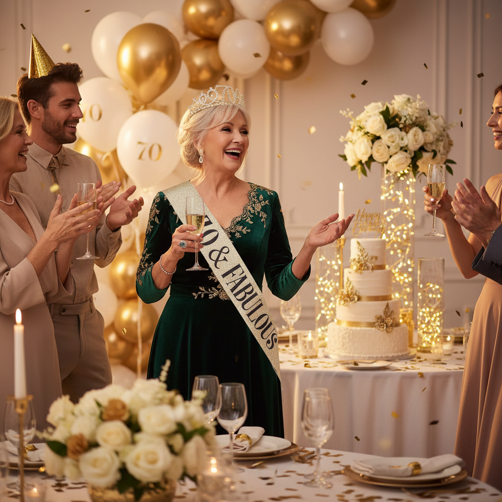 Birthday celebrant in 70th birthday sash and tiara celebrating milestone with loved ones