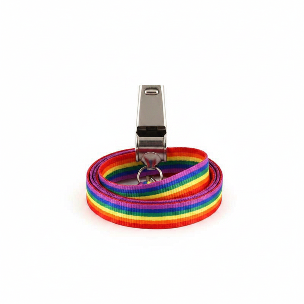 Gay Pride metal whistle with rainbow lanyard on pure white studio background, polished silver chrome finish