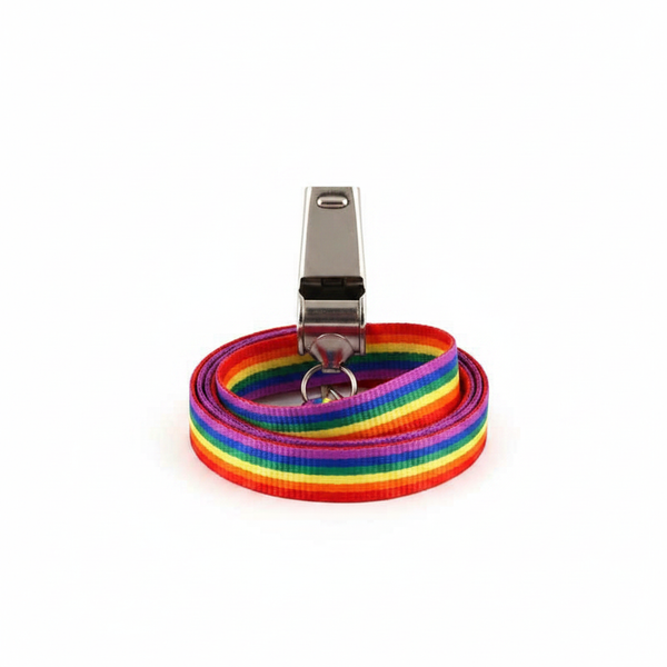 Gay Pride metal whistle with rainbow lanyard on pure white studio background, polished silver chrome finish