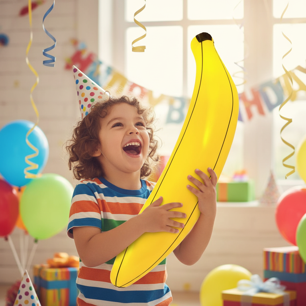 Child at a birthday party playing with an inflatable banana 80cm
