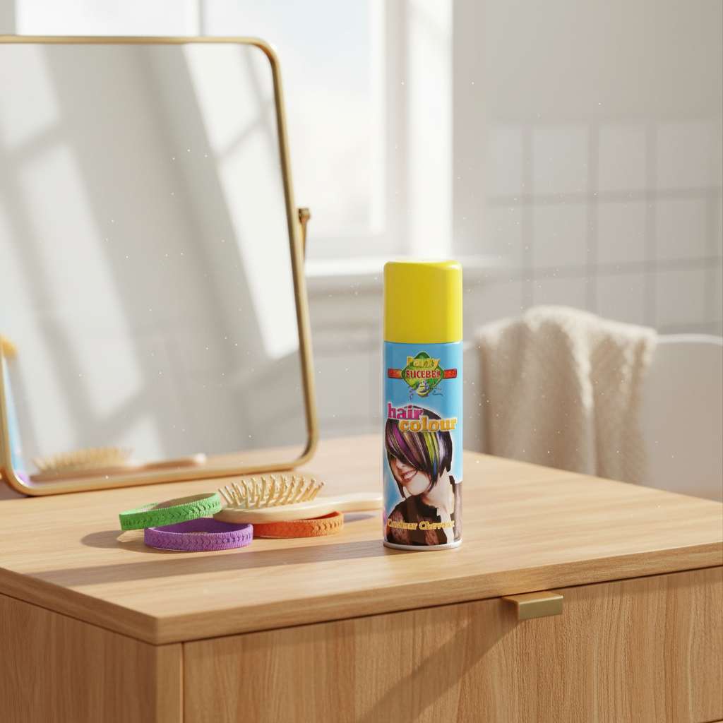 Party Success Yellow Hair Colour Spray on a dressing table with hairbrush and festival wristbands, natural window light, interior magazine quality