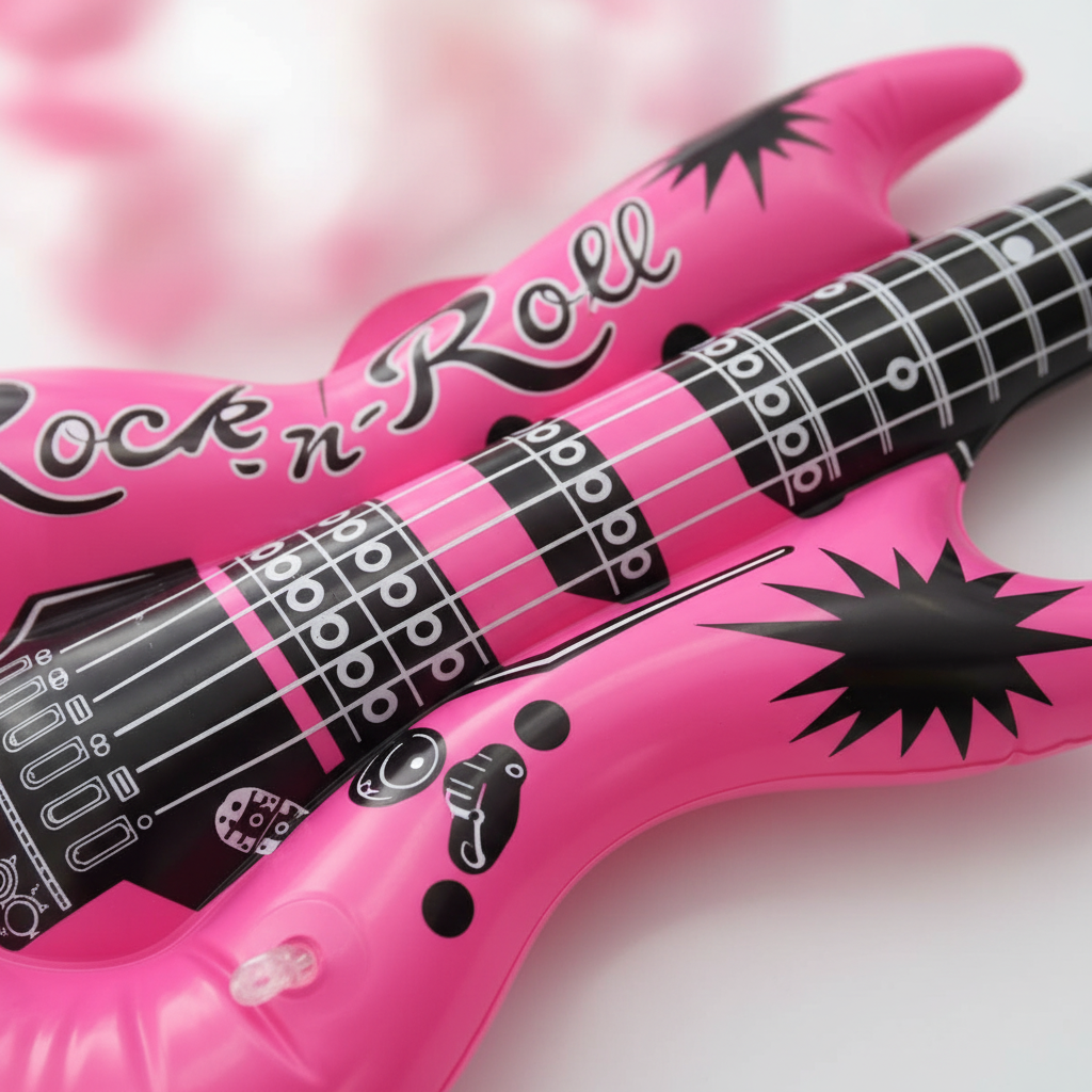 Extreme close-up macro of neon pink inflatable guitar showing glossy PVC texture and Rock n Roll graphics