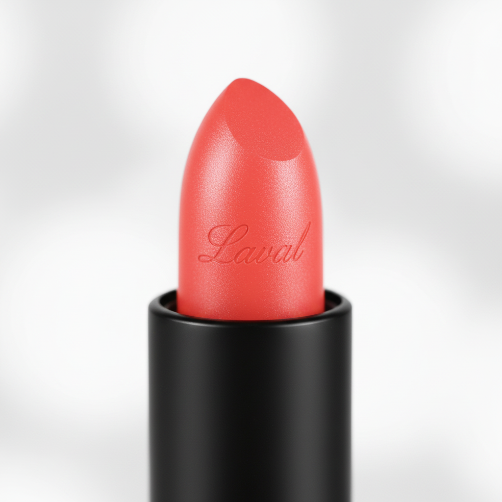 Extreme macro close-up of Laval Coral Cloud 14 lipstick bullet showing vibrant coral velvety matte texture