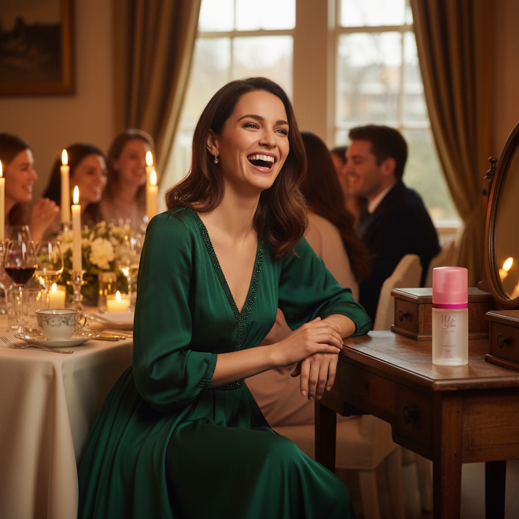 Beautifully dressed confident woman at dinner party with Taylor of London White Satin EDT on dressing table